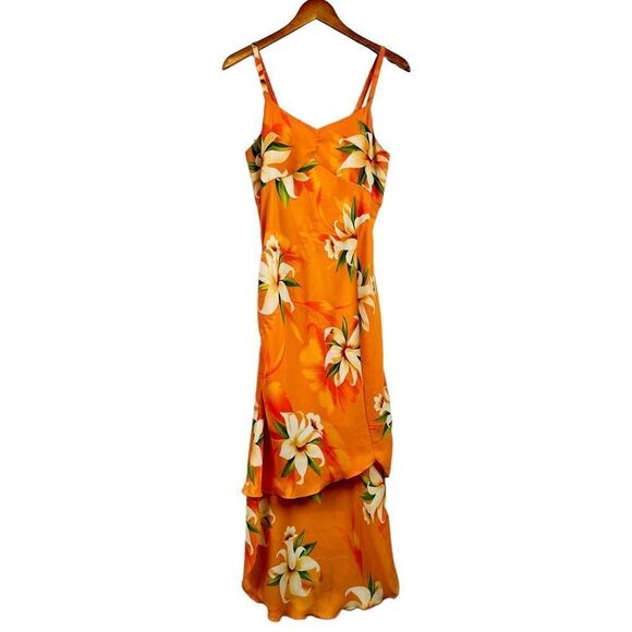 Vintage Y2K Nicolete Orange Tropical Aloha Hawaiian Hi-lo Maxi Dress - Picture 9 of 11